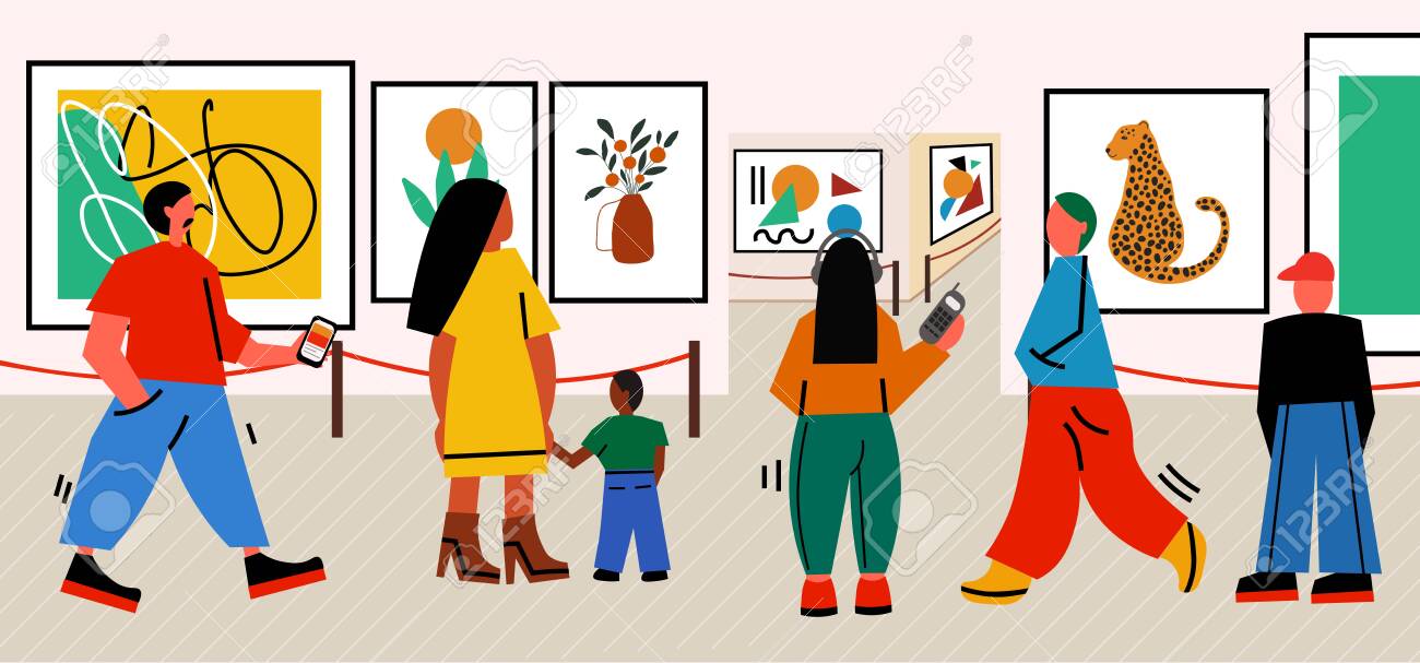 People visit art gallery. Croud of men and women in museum. Tourists doing sightseeing in the city . Contemporary art exibition. Ftat cartoon characters. Vector illustration